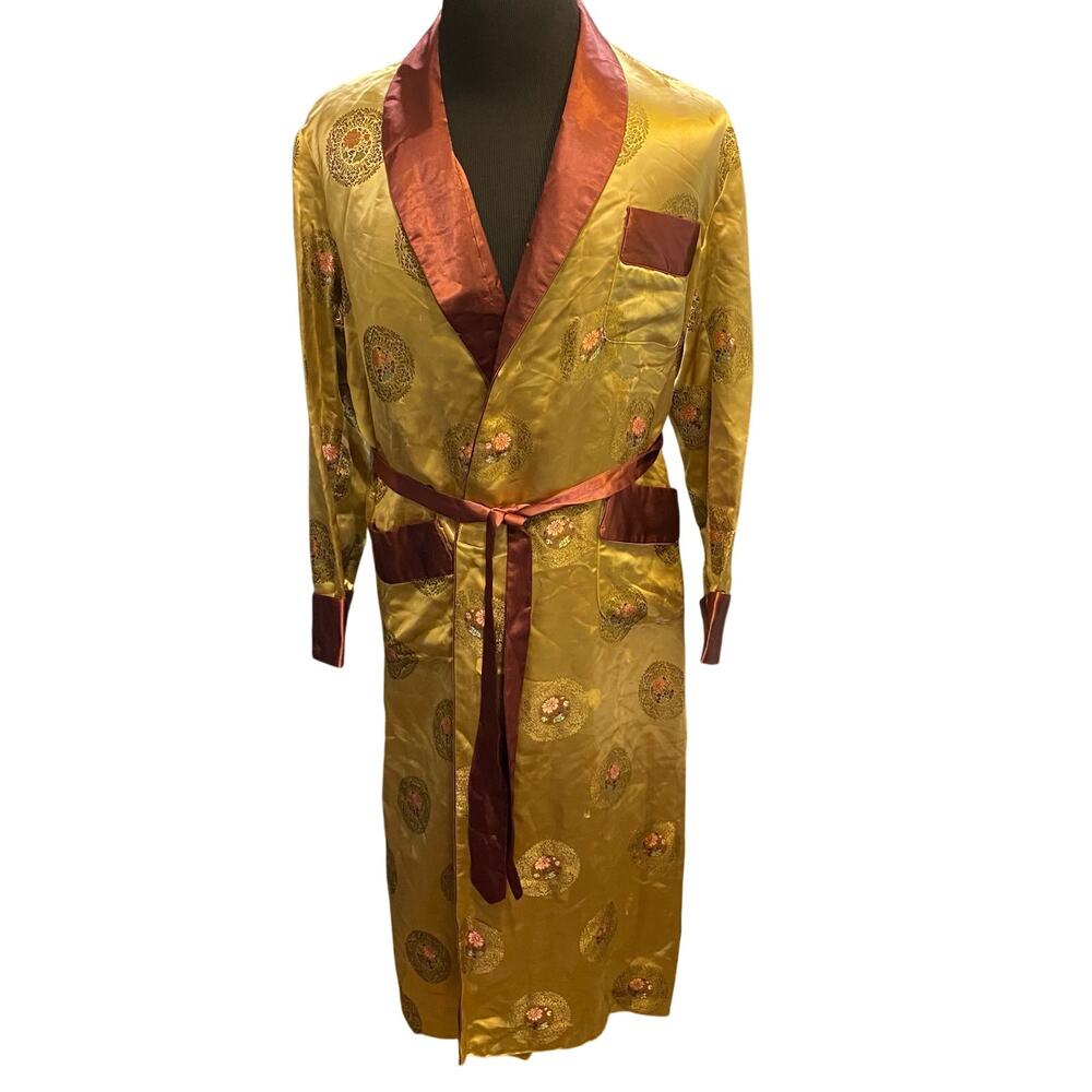 Vintage 60s 70s Gold Brown Heavy Satin ZLined Robe by Oriental Mens Size 46